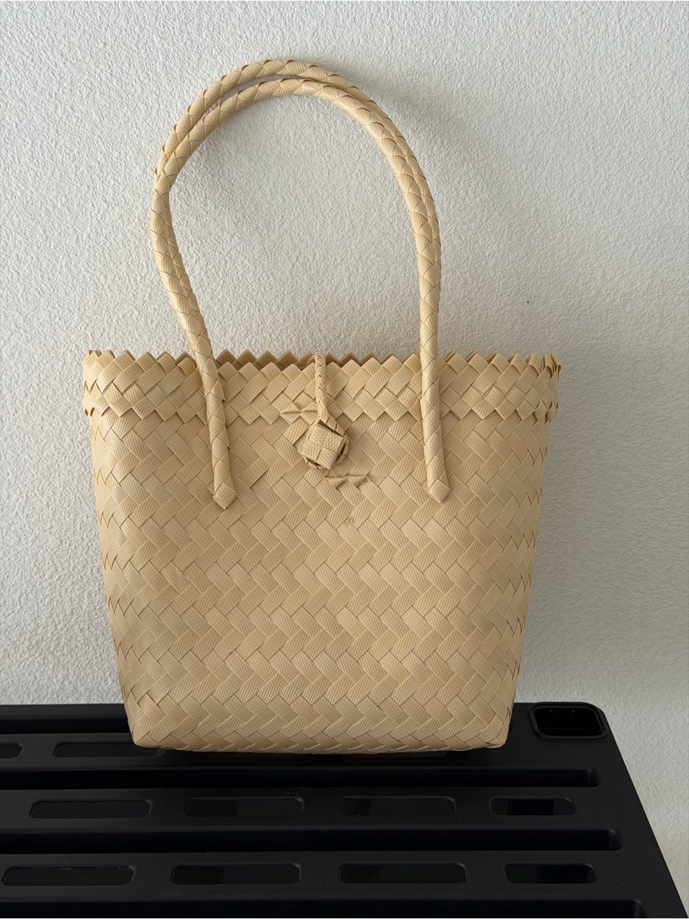 Woven Tote Bag in Light Beige with Braided Handles